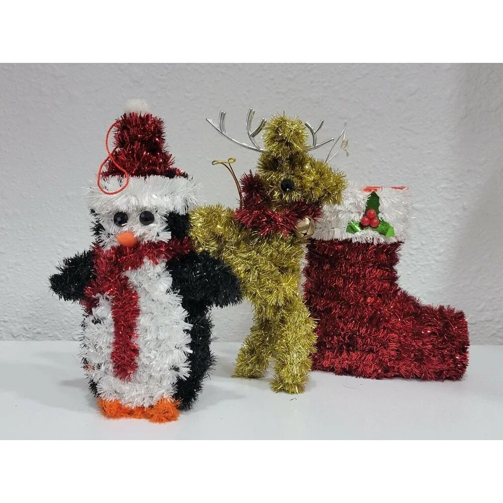 Christmas Ornaments Tinsel Tabletop And Hanging Sleigh Reindeer Penguin Stocking